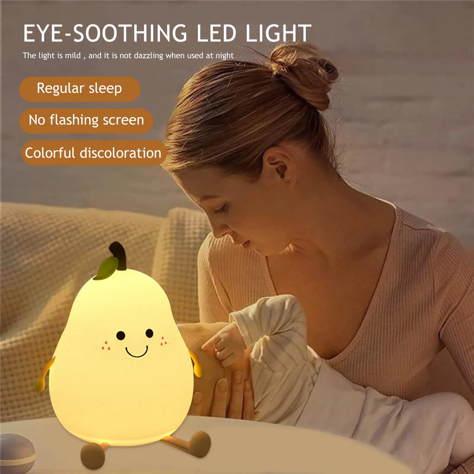 1pc Cute Pear Night Light 7-Color Dimmable Touch-Controlled Night Light Silicone Stress Reducing Pat Lamp USB Rechargeable Qme