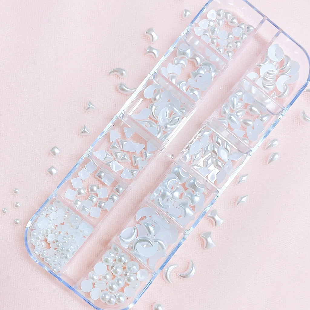 Moon Heart White Pearl Glitter Jewelry Nail Art Supplies Decoration Qme