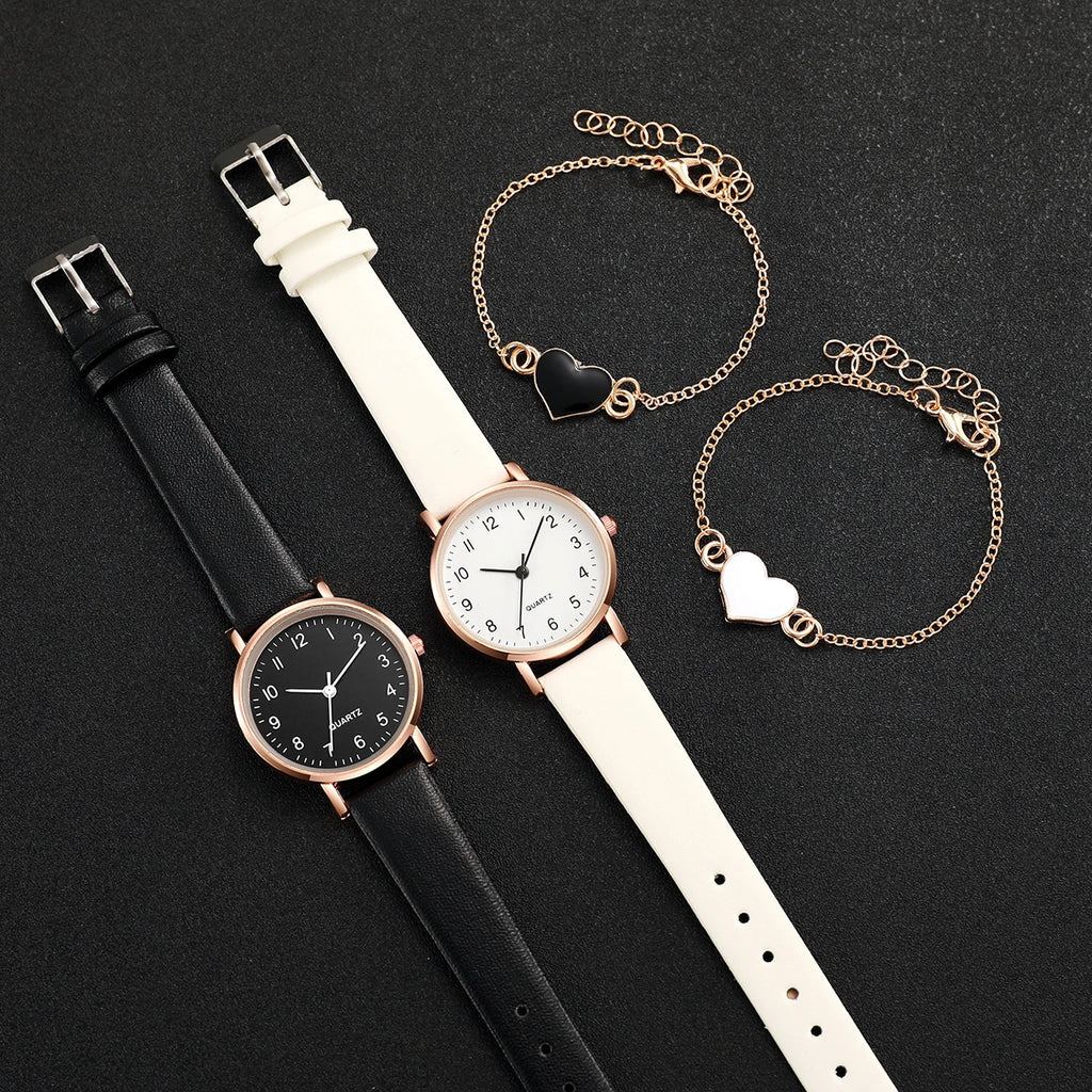 Quartz Watch with Leather Bracelet for Women, Heart Bracelets Without Box, Casual, Small, Female, Fashion, 8 Pieces Per Set Qme
