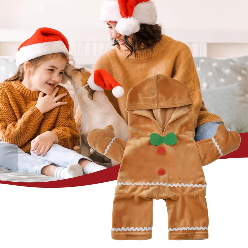 NEW Dog Gingerbread Costume Pet Cute Hooded Jumpsuit Christmas Cosplay Clothes Brown Outfit for Cat Party Decoration Supplies Qme