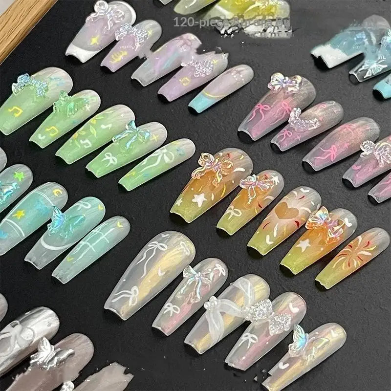 120 Iridescent Aurora Bow Nail Charms Clear Storage Box Perfect DIY Qme