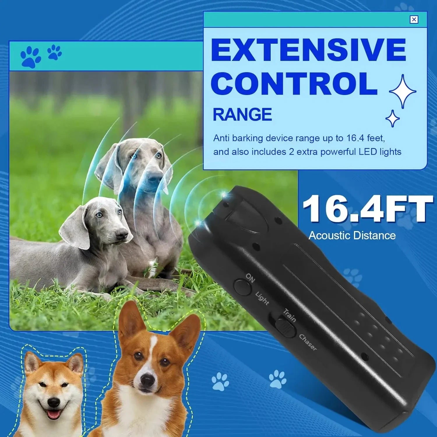 Ultrasonic Dog Repeller Portable Anti-barking Deterrent Handheld 3in1 Dog Training Device Repel Animals Pets Dog Trainer Qme