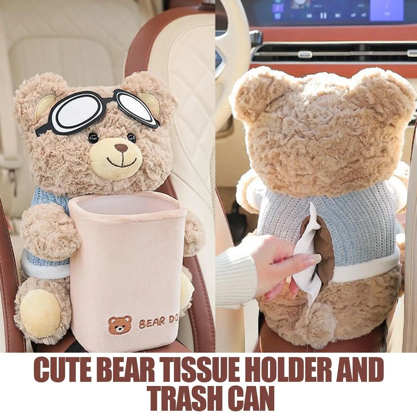 1pcs Car Tissue Box Auto Cartoon Trush Can 2-in-1 Leakproof Plush Bear Tissue Holder And Trash Can For Vehicle Home Travel Qme