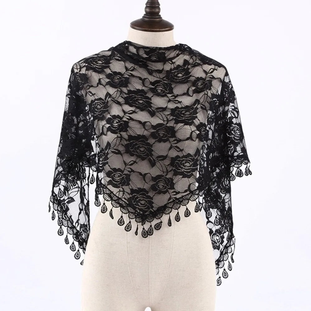 Sun Protection Lace Scarf Colorful Tassel Printed Wraps Hair Qme Black