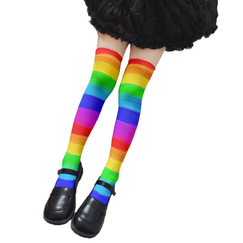Fun Rainbow Striped Stockings Women's Sexy Fashion Multicolor Thigh Qme style4 One Size