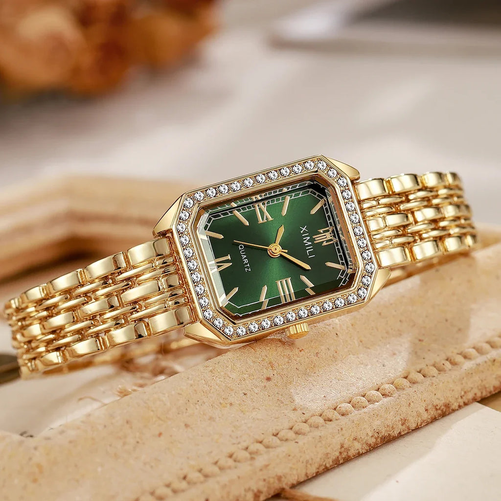Luxo strass relógios femininos moda retângulo pulseira relógio de pulso de quartzo para meninas reloj mujer Qme