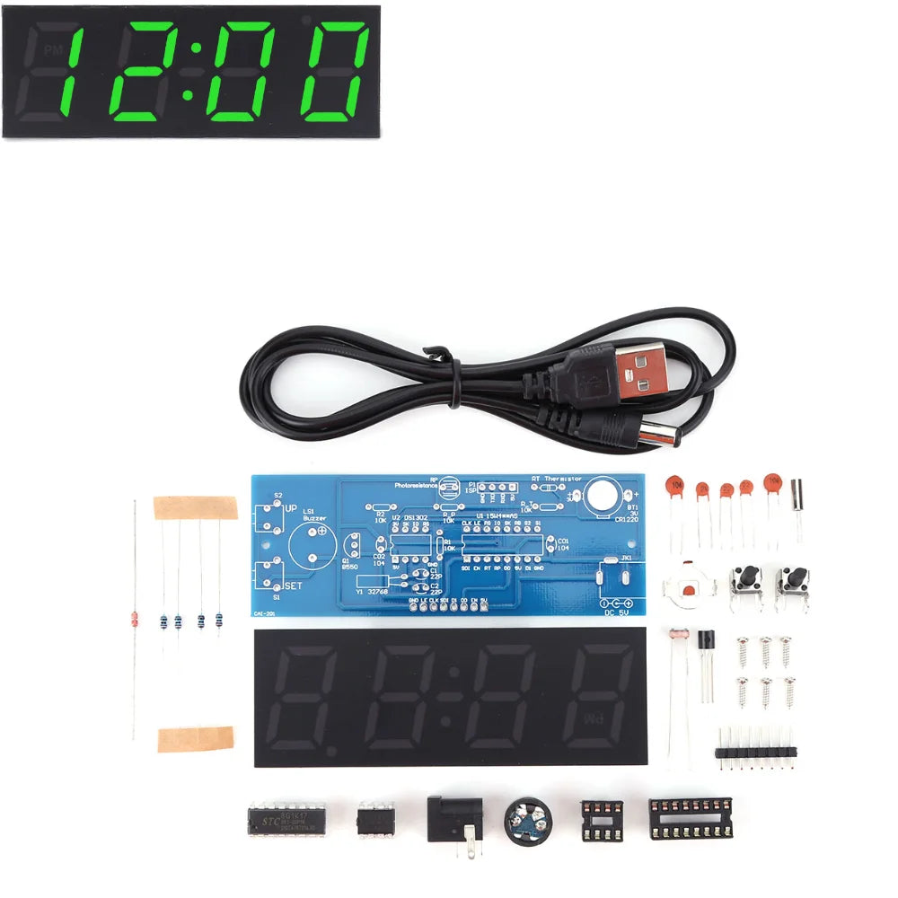 Colorful Digital Clock Electronic Kit Time Week Temp Date Display Electronical Clock Making Experiment Kit for Soldering Project Qme Green