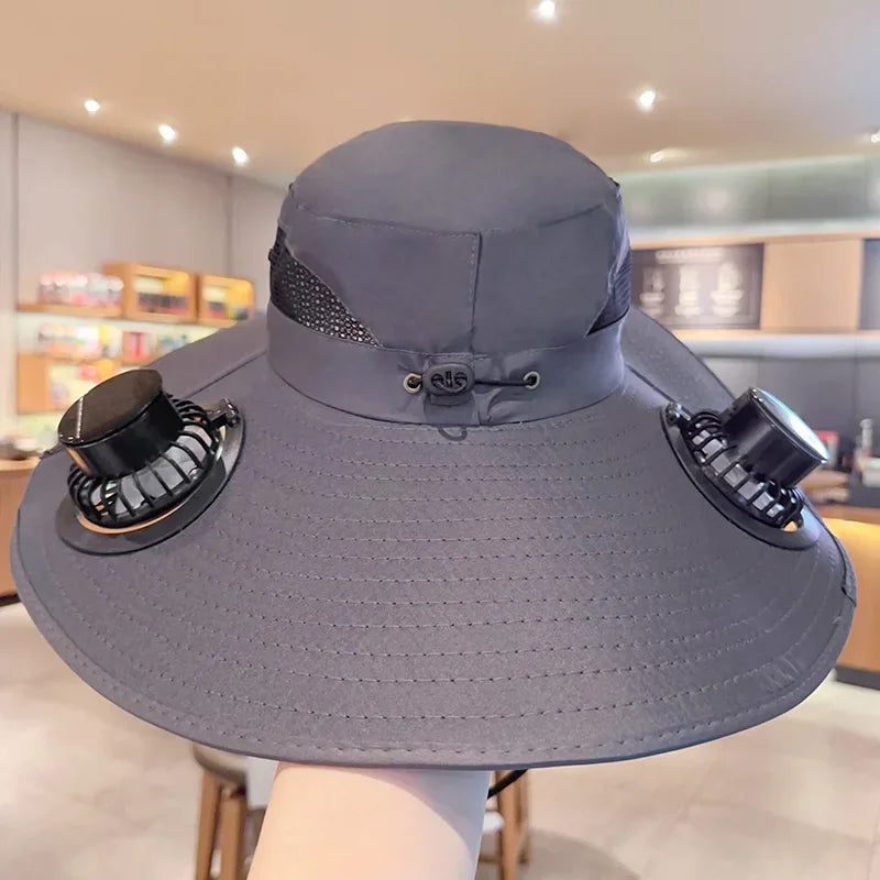 Summer USB Solar Energy 2 Fan Sun Hat Men Women Breathable Fishing CapSun Protection Mesh Fisherman Hat Hiking Outdoor Beach Cap Qme Dark Grey