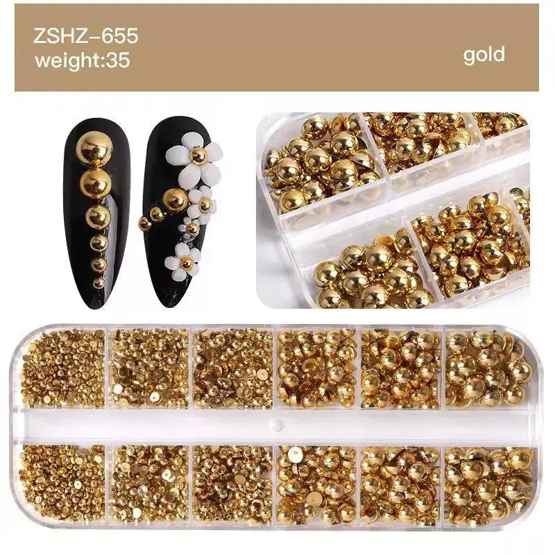 12Grids Mixed Semi-circular Pearl Gold Silver Nail Charms Decor Qme