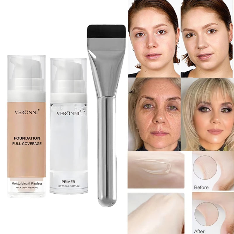 VERONNI Full Coverage Foundation& Hydrating Primer Foundation Brush Qme