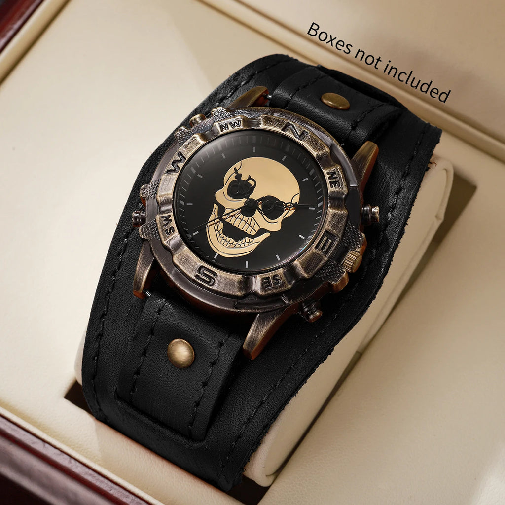 Vintage Skull Men Watch Wide Dark Brown Leather Strap Compass Bezel Punk Style Large Dial Quartz Wristwatch For Male Qme Black No Box