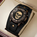 Vintage Skull Men Watch Wide Dark Brown Leather Strap Compass Bezel Punk Style Large Dial Quartz Wristwatch For Male Qme Black No Box