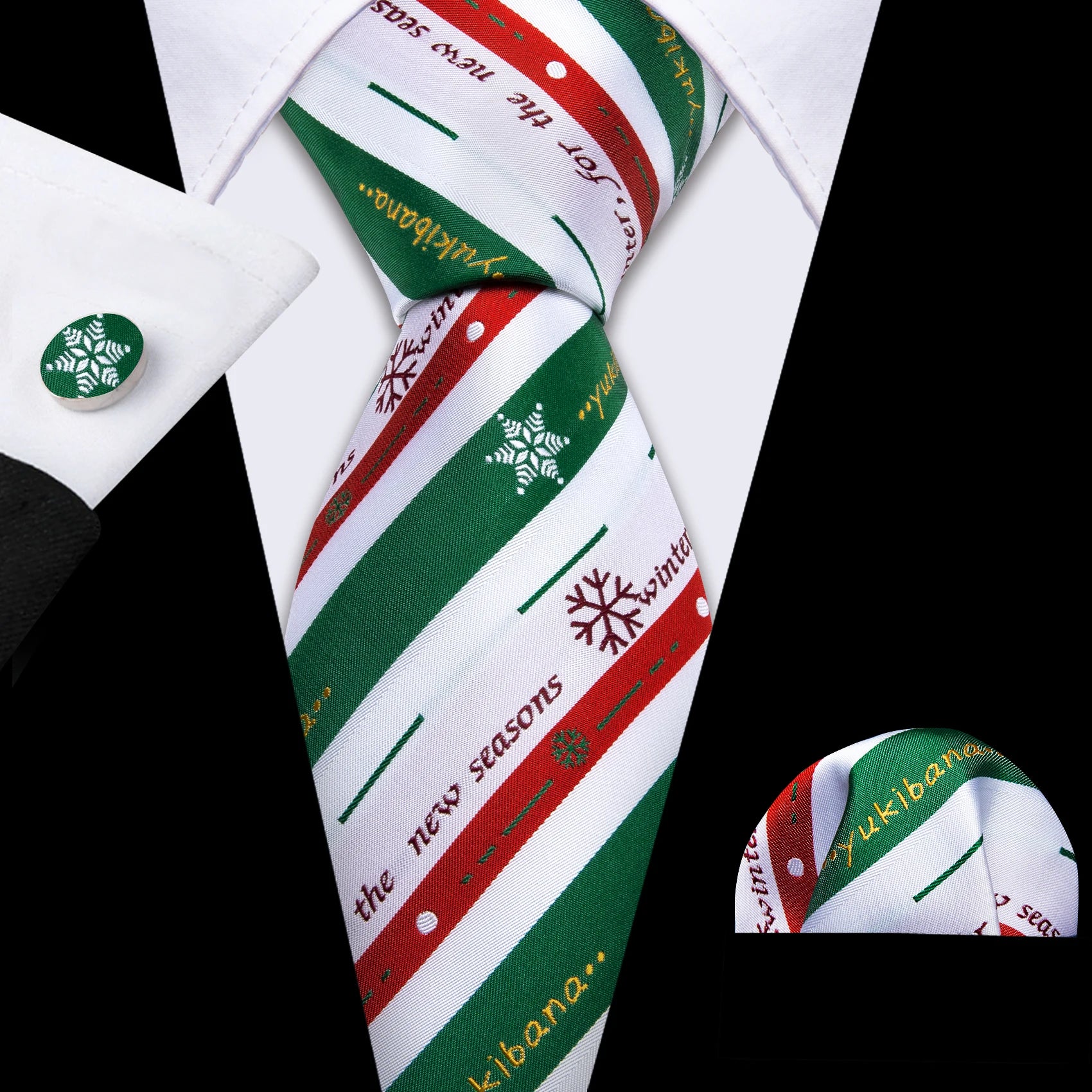 Christmas Green Tie Set 3 Pieces Men Necktie Pocket Square Cufflinks Xmas Wedding Party Suit Accessories Gifts for Dad Boyfriend Qme LDSN6571