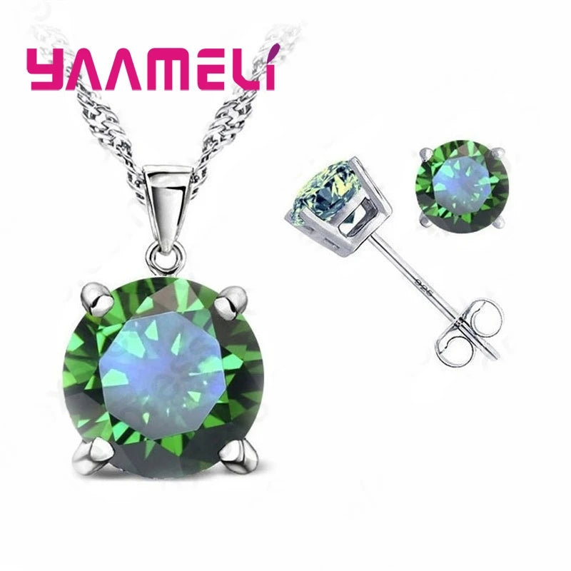 Good Quality 925 Sterling Silver Color Jewelry Sets for Woman Classic Claw Setting Cubic Zirconia Stud Earring Pendant Necklace Qme
