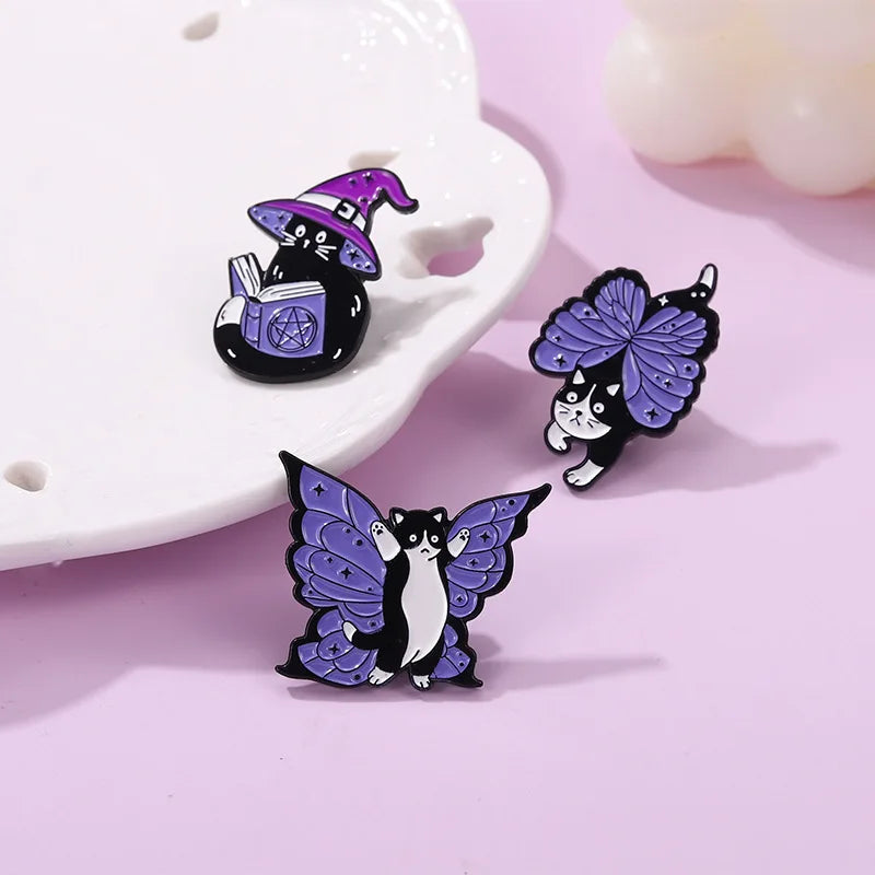 Witch Enamel Pin Punk Black White Cat Brooch Magic Hat Badge Book Wings Lapel Animal Goth Purple Crystal Jewelry Gifts Wholesale Qme