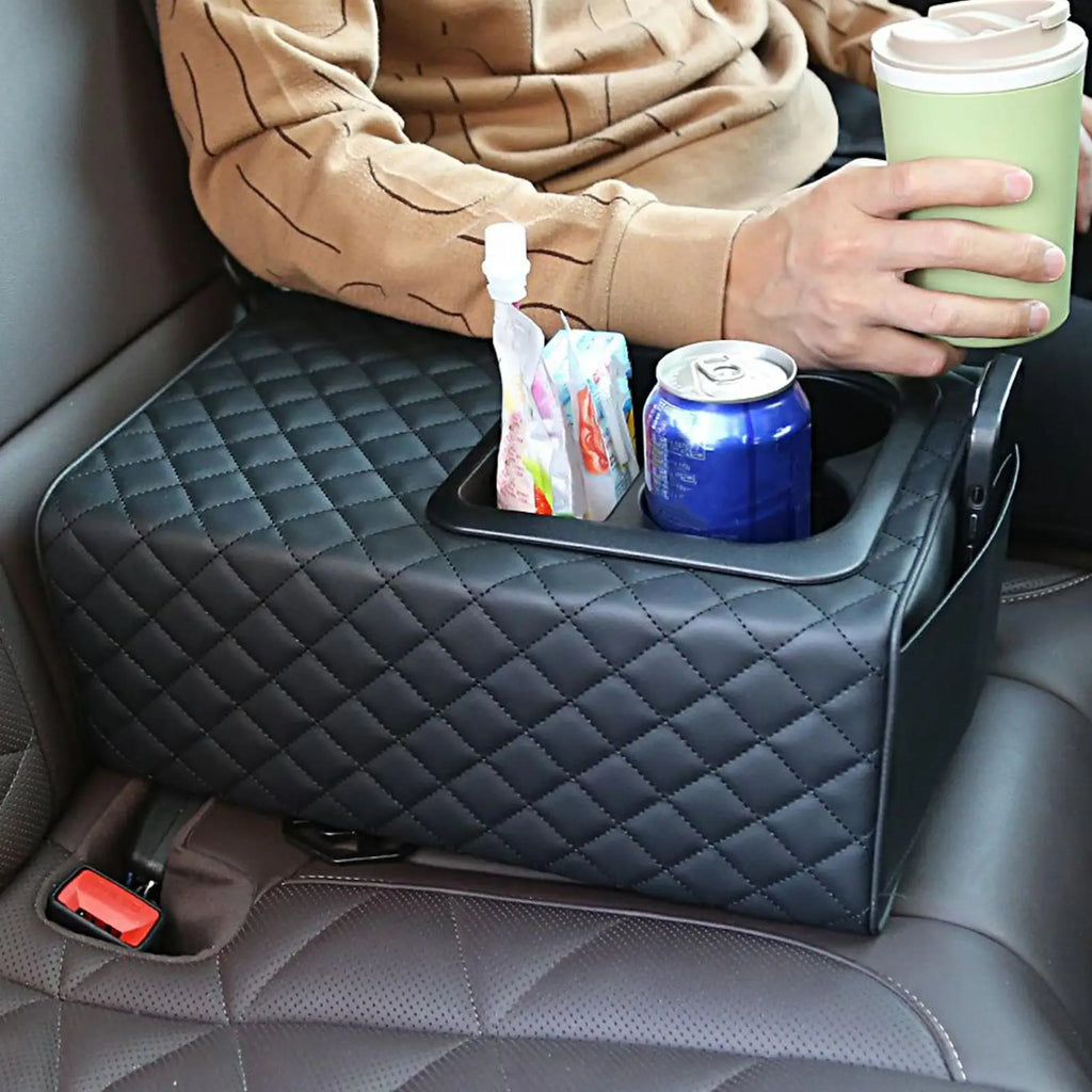 Car Armrest Box Cushion, Auto Center Console Armrest Cushion With 2 Cup Holder PU Leather Armrest Pad Portable Car Amrest Qme