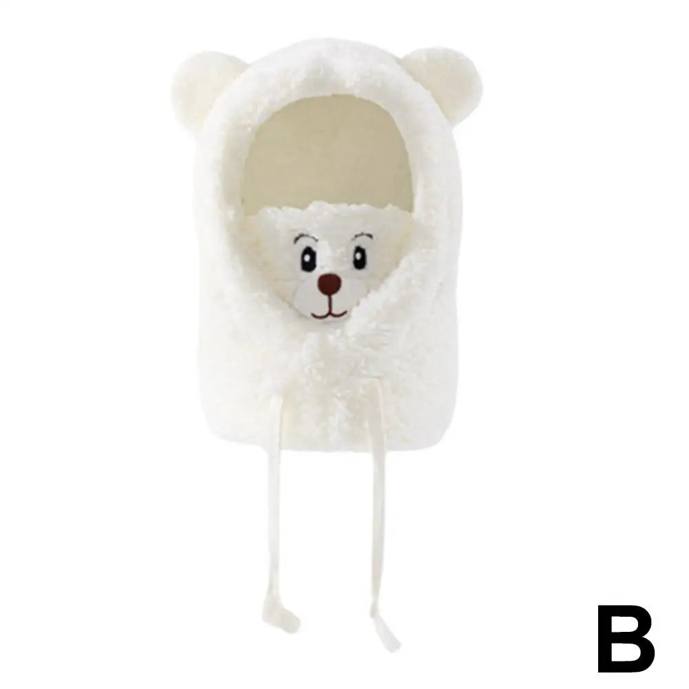 Winter Bear Plush Hat Scarf Mask One-Piece Warm Women's Cozy All-Match Cold Resistance Student Overhead Cap Fashion Accessory Qme B