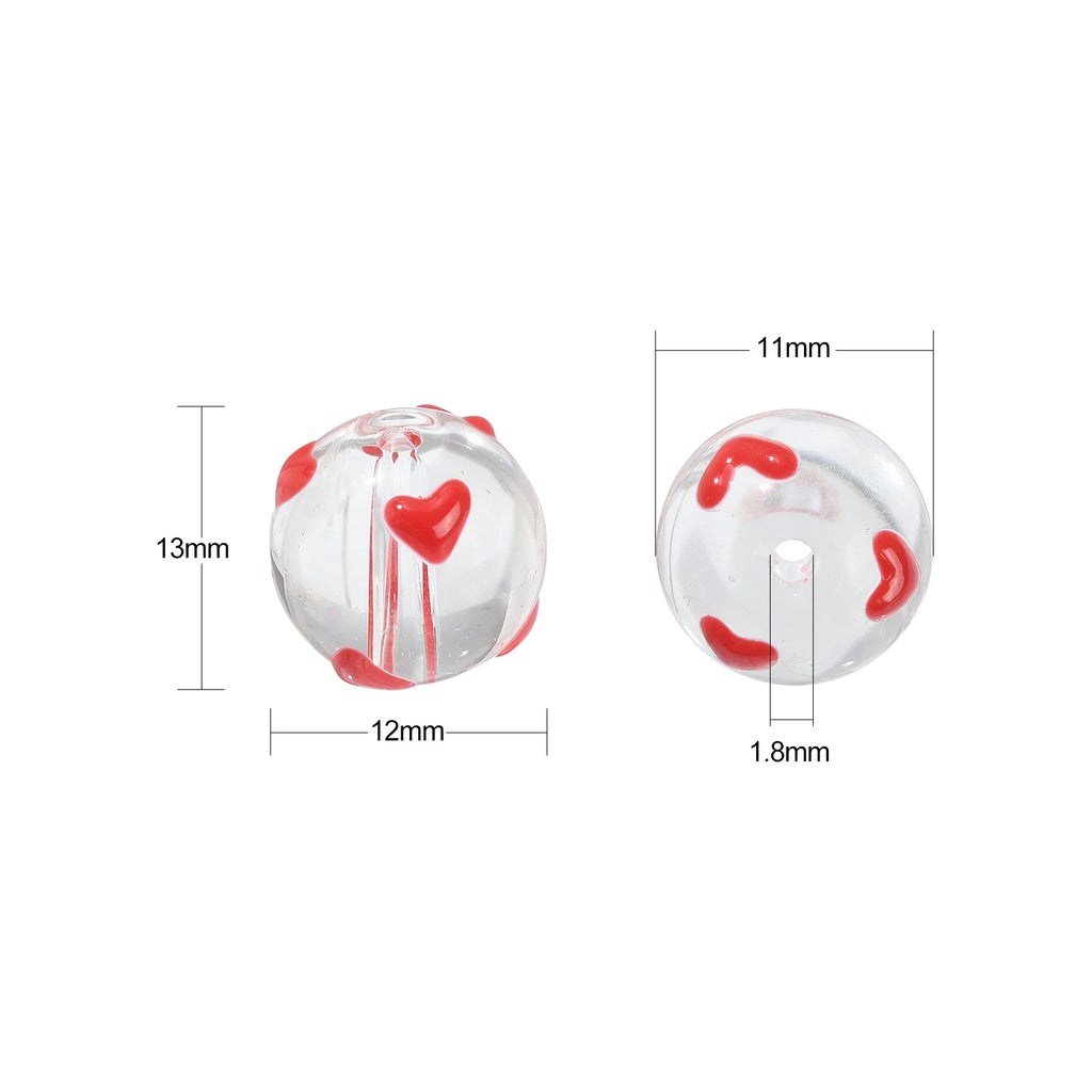 Pandahall 10Pcs Transparent Glass Round Ball Beads Handmade Enamel Glass Beads Red Sweet Heart Beads for Necklace Jewelry Making Qme