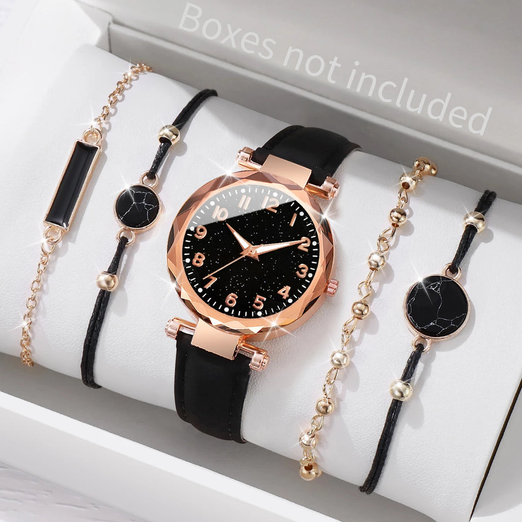 4Pcs Starry Sky Dial Watch Bracelet Set Women Black Leather Quartz Wristwatch Marble Charm Bracelets Jewelry Gift Qme
