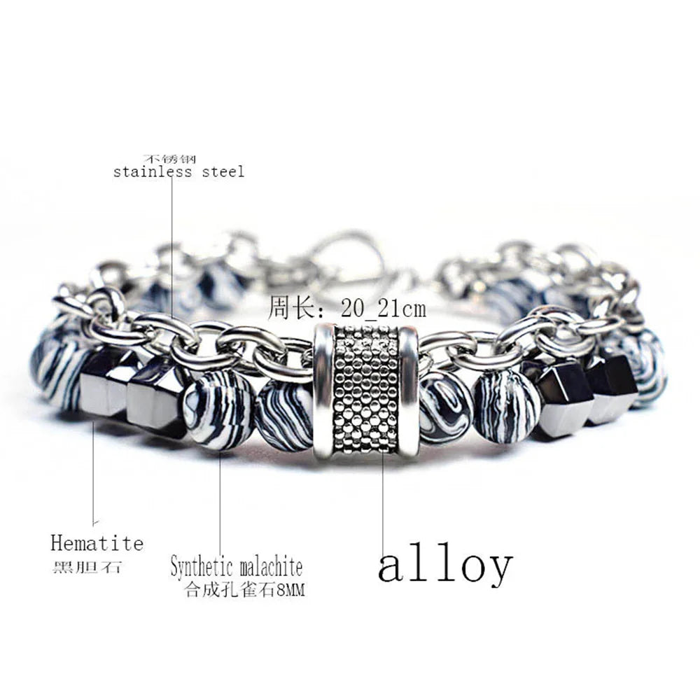 New Cool Fashion Peacock Stone Black Gallstone Metal Bead Bracelet Hip Hop Punk Daily Matching Jewelry Trend Accessories Qme bai 21cm