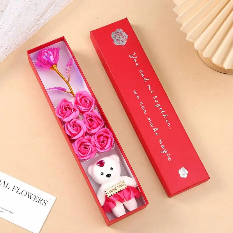 Plush Bear Artificial Flower Gift Box Soap Rose Flowers Creative Romantic Rose Valentines Day Mother Day Gift Wedding Home Decor Qme Rose red