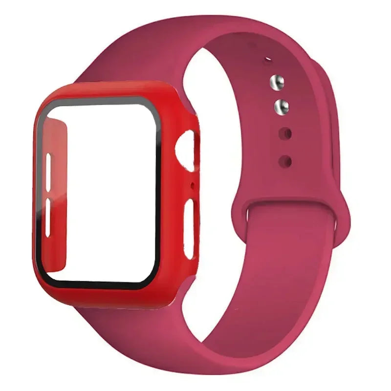 Glass+Case+Strap for Apple Watch Band 45mm 44mm 41mm 40mm 38mm 42mm Screen Protectors for Apple IWatch Series 9 8 7 6 SE 5 3 4 Qme Rose-red 42mm