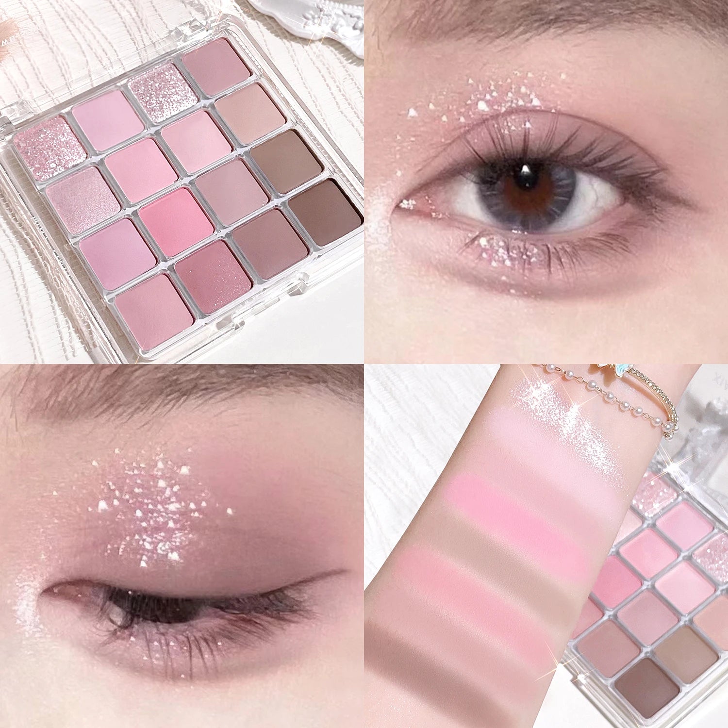 16 color eyeshadow palette - Glitter, matte and shimmer finish in gentle fall and winter tones of blue, brown, coral and pink Qme 02