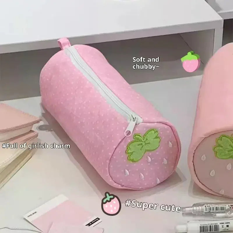 Cream Strawberry Polka Dot Pink Pencil Case Student Stationery Back Qme