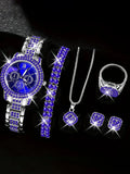 6pcs Luxurious diamond-studded bracelet watch set for women, featuring a quartz wristwatch with five exquisite pieces. Qme Blue