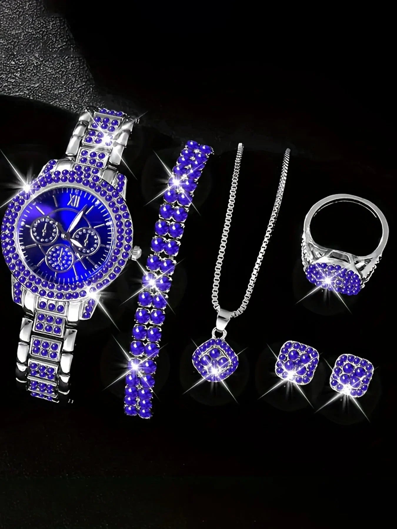 6pcs Luxurious diamond-studded bracelet watch set for women, featuring a quartz wristwatch with five exquisite pieces. Qme Blue
