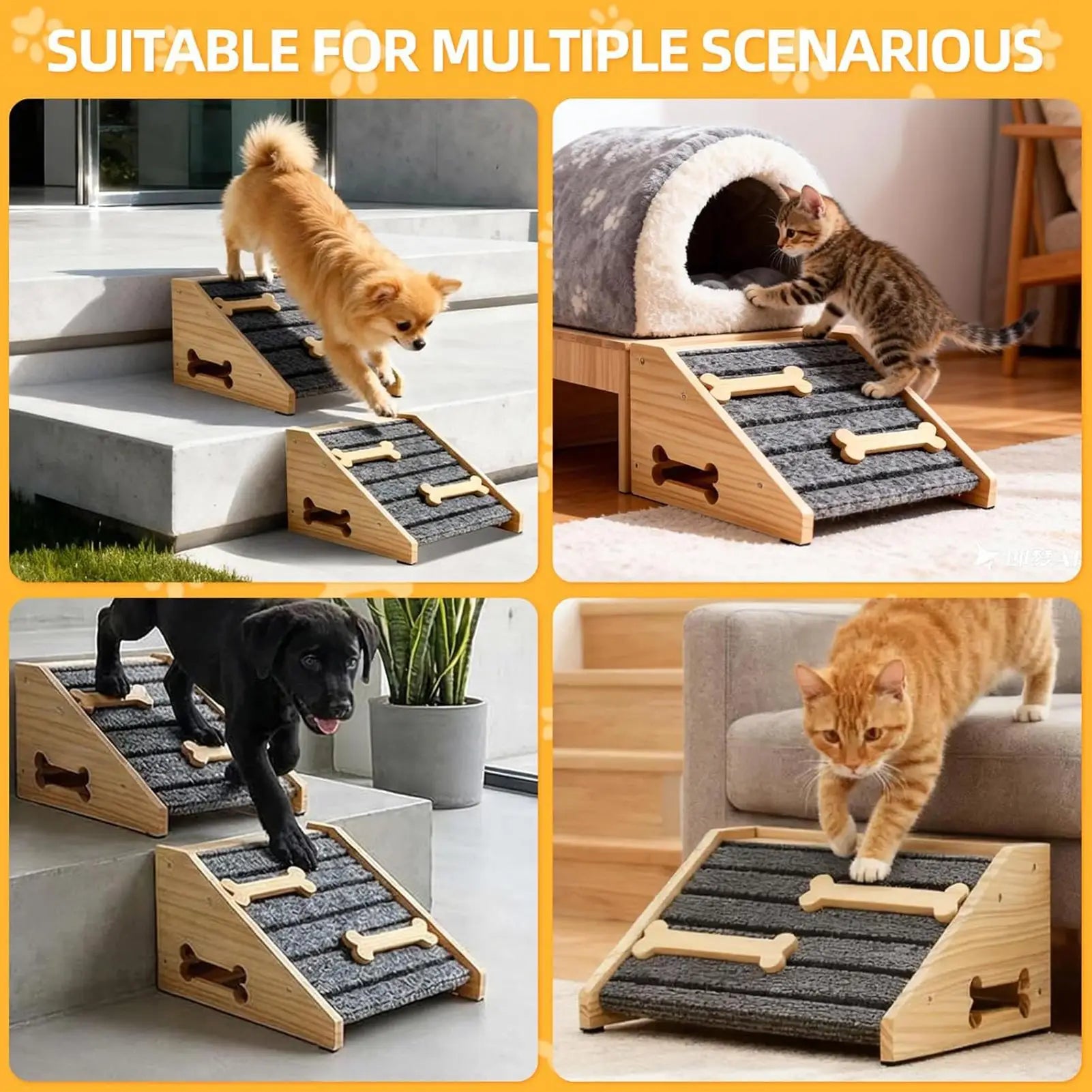 Pet Ramps Stairs 2 Anti-slip Wooden Wedges Felt Mat Dog Stair Helper Qme