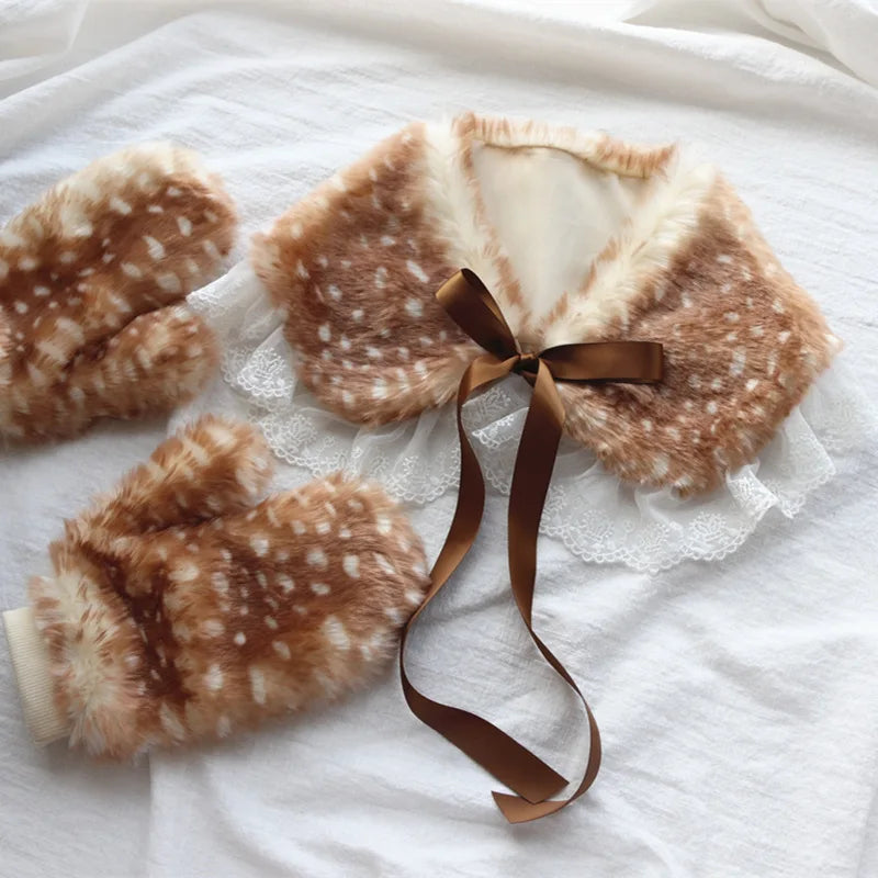 Full Finger Winter Warm Cute Mori Deer Outdoor Plush Gloves Christmas Qme