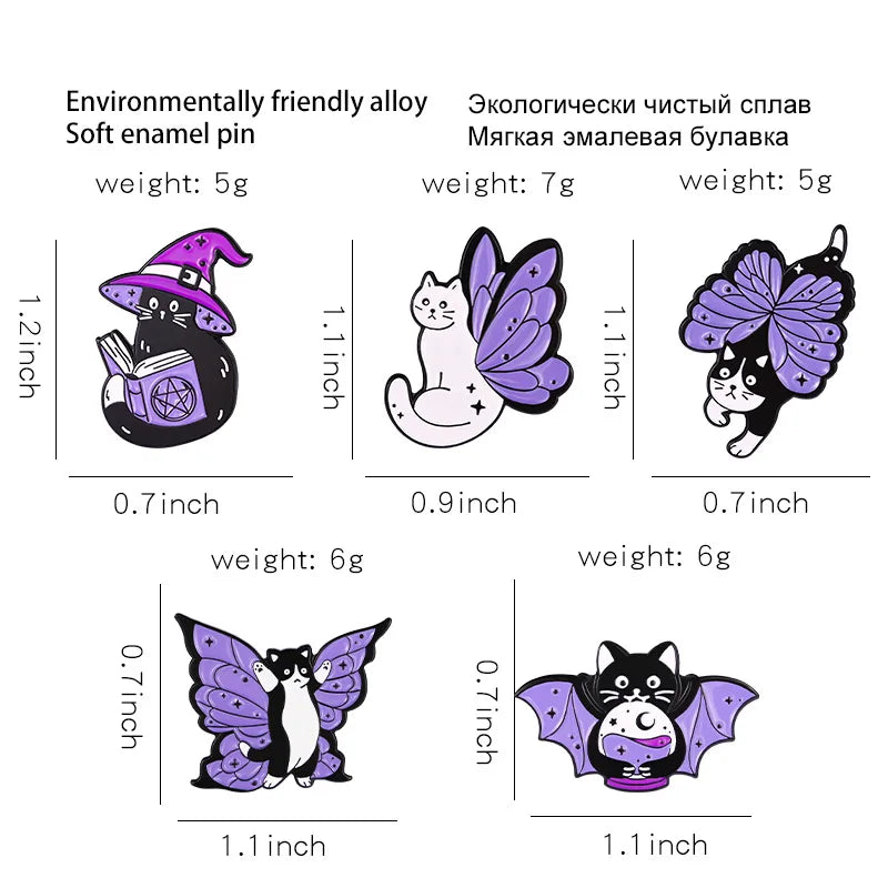 Witch Enamel Pin Punk Black White Cat Brooch Magic Hat Badge Book Wings Lapel Animal Goth Purple Crystal Jewelry Gifts Wholesale Qme