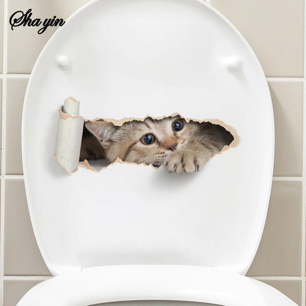 Cartoon Hole Breaking Cat Toilet Sticker, Bathroom Beautification Decoration Toilet Cover Waterproof Sticker Qme