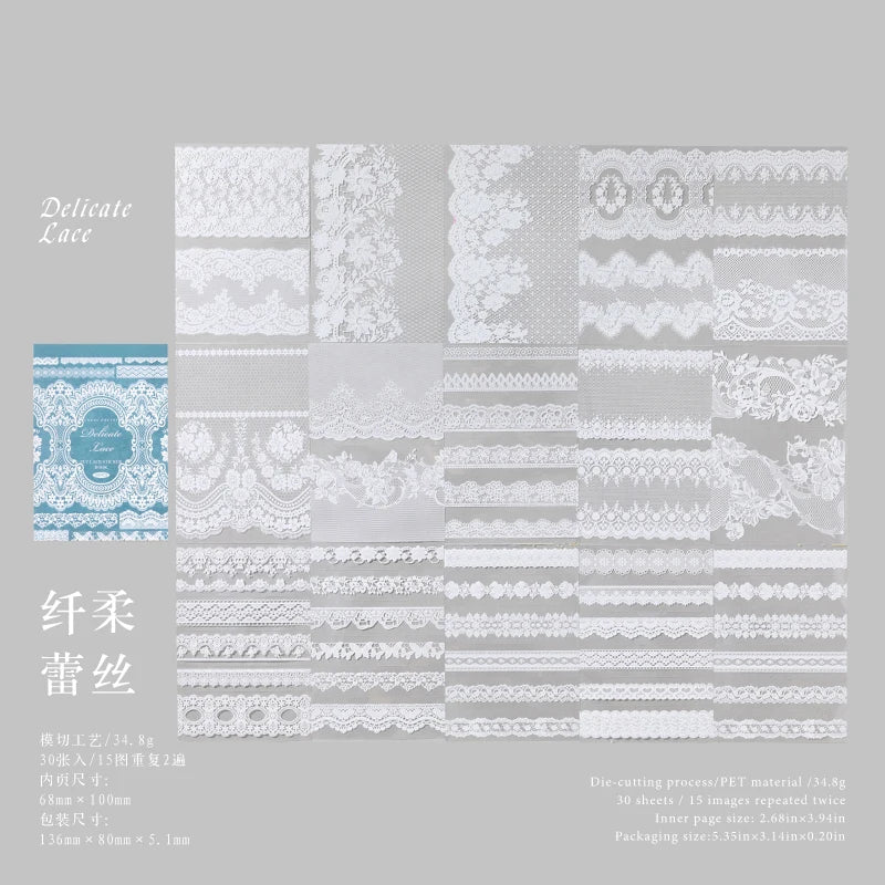 30Sheets/Bag Lace Theme PET Stickers for DIY Scrapbooking Collage Art Frame Laptop Phone Cup Luggage Guitar Skateboard Decal Qme 6