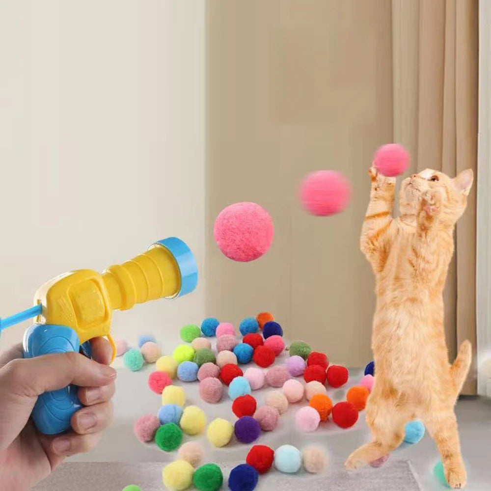 Random Cat Toy Interactive High Fun Toy Gun Plush Ball Firing Gun Silent Polyester High Bounce Ball Fun Cat Stick Qme
