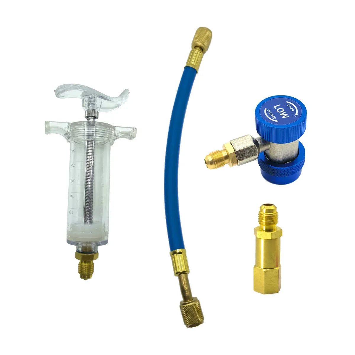 Car A/C Oil/Dye Injector 30Ml 1Oz with Low Side Quick Coupler Adapter 1/4 Air Conditioning Automotive Oiler Injection Syringe Qme SET3 with safe valve