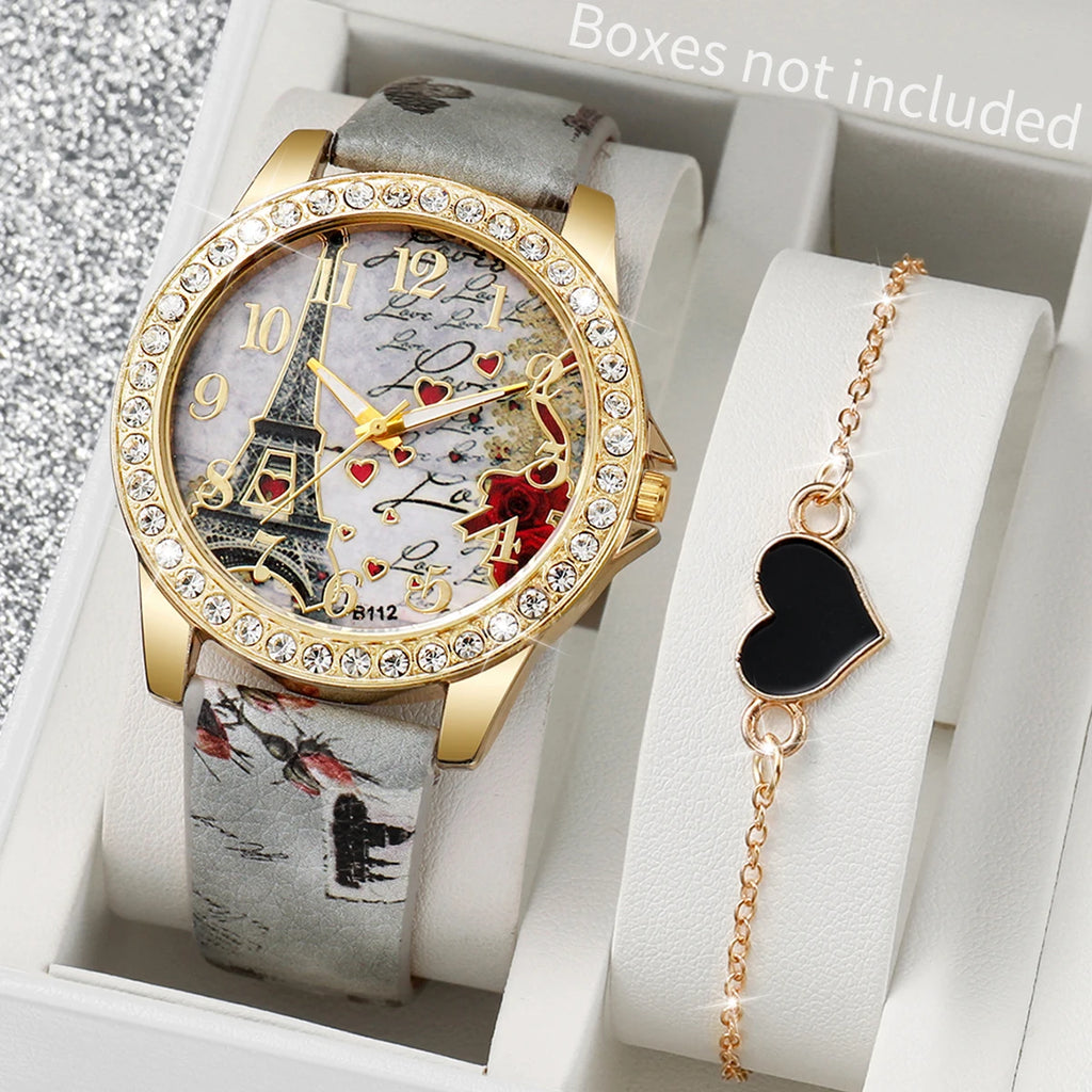 Relógio de couro PU Torre Eiffel Quartz, pulseira em forma de coração, relógio de moda, caixa não incluída, 2 peças por conjunto Qme Other