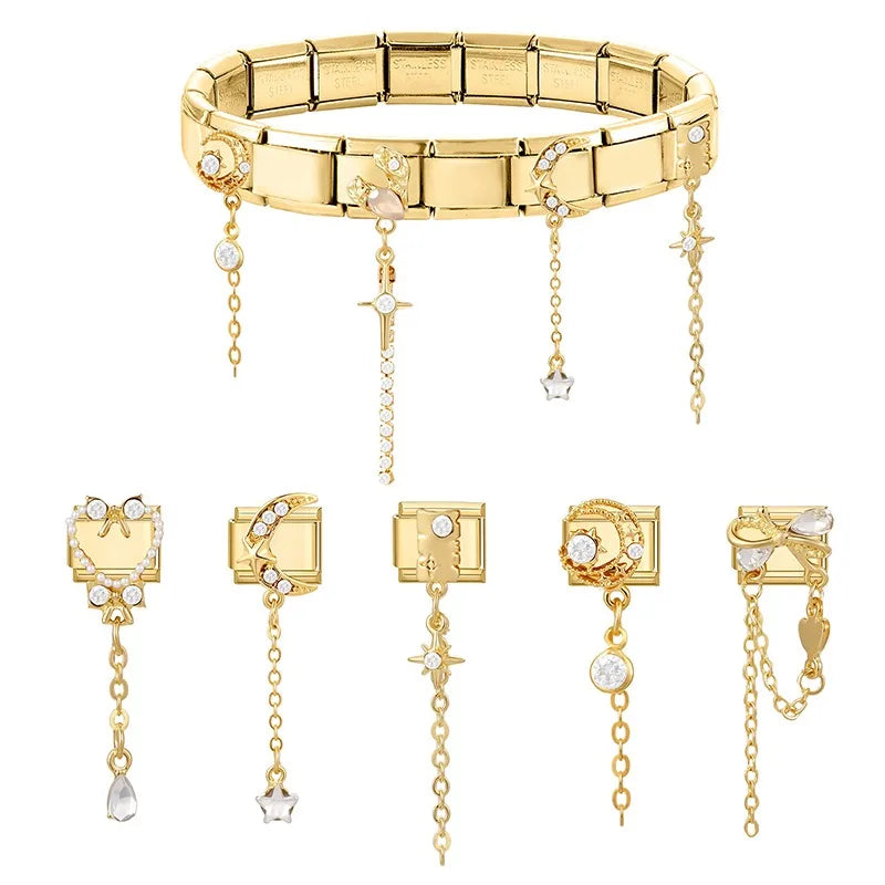 2026 Exquisite Bowknot Micro Inlaid Colored Zircon Pearl Italian Charm Link 9mm Stainless Steel Modular Bracelet Jewelry Gifts Qme