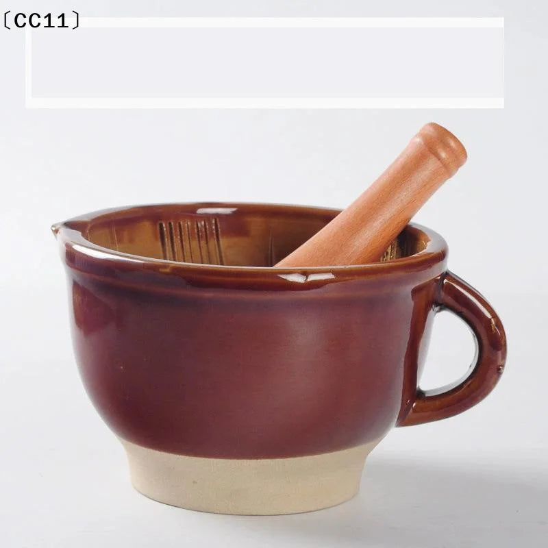 Ceramic Mortar Pestle Natural Wood Non Slip Base Perfect Kitchen Qme