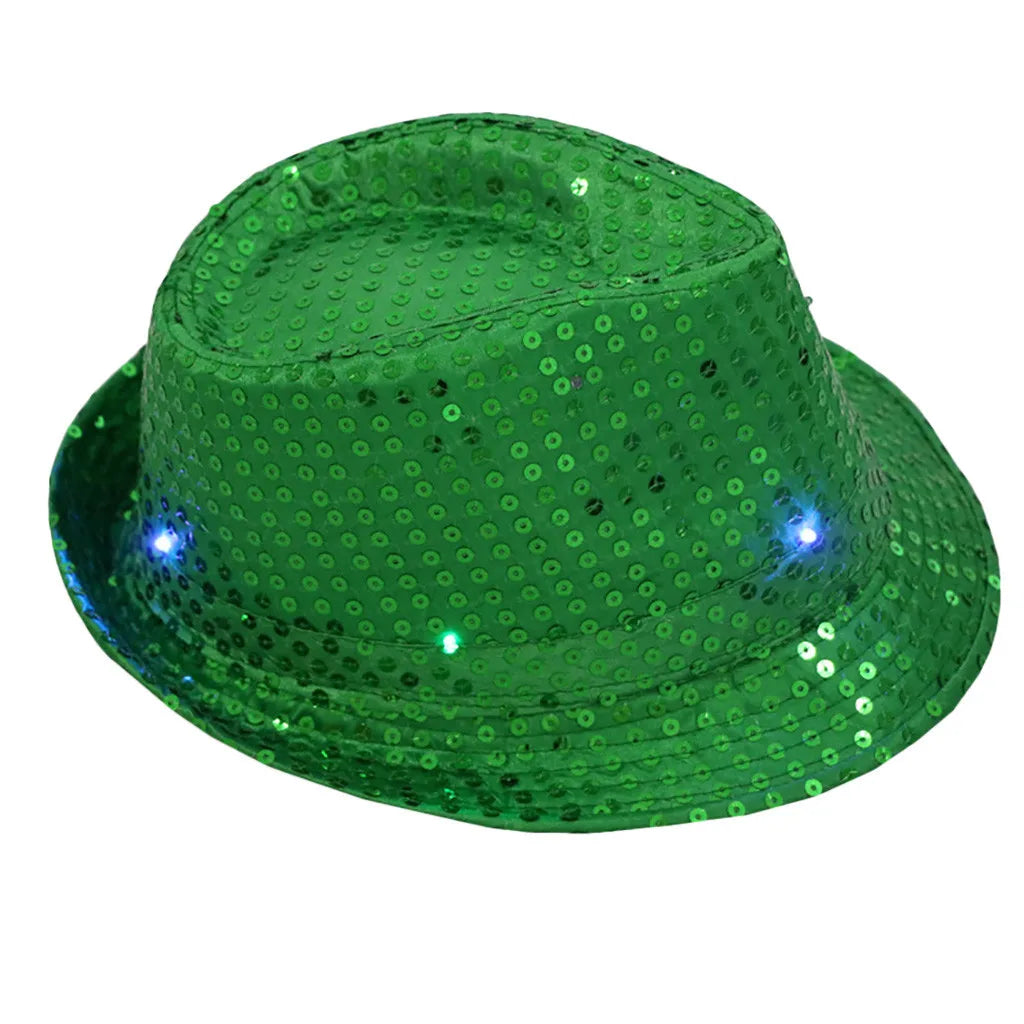 Unisex Hip Hop Jazz Hat Fancy Party Stage Dance Sequins Show Glitter Caps Performance Costume Clown Magician Hat for Kids Qme Green