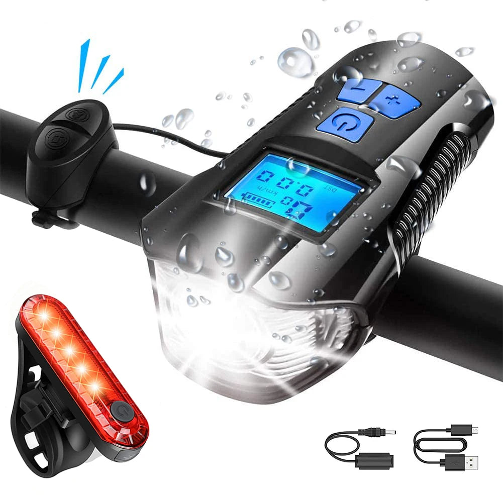 Bike Light Set,Bicycle Headlight with Horn and Speedometer Odometer,USB Rechargeable Bike Front Light and Tail Light Qme Blue