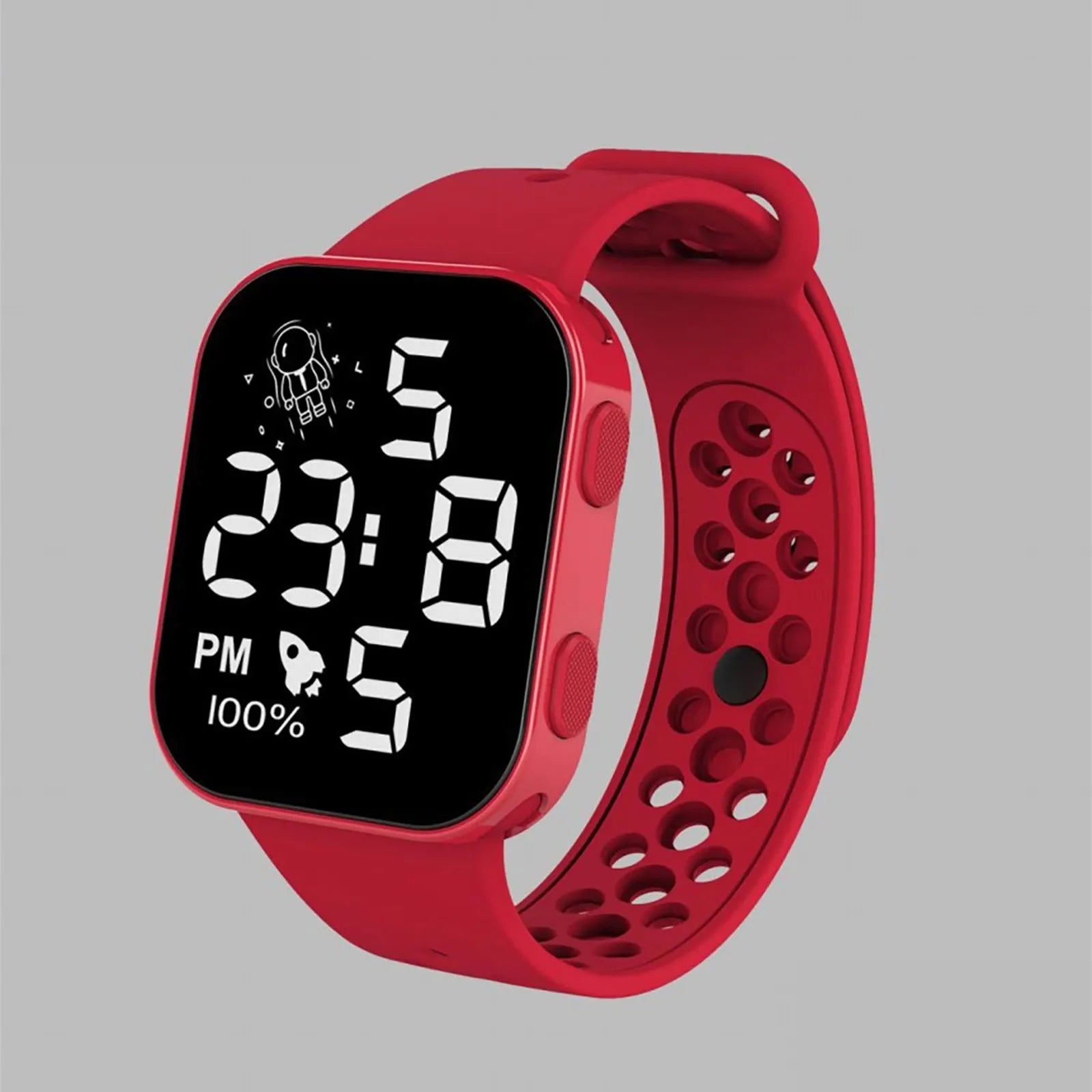 Children’s Solid Color Simple Fashion And Breathable Silicone Strap With Led Display Square Dial Calender Electronic Sport Watch Qme Watermelon Red