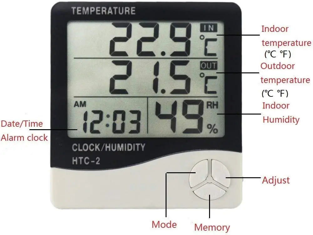 LCD Digital Temperature Humidity Meter HTC-2/HTC-1 Home Indoor Outdoor Hygrometer Thermometer Weather Station with Clock Qme