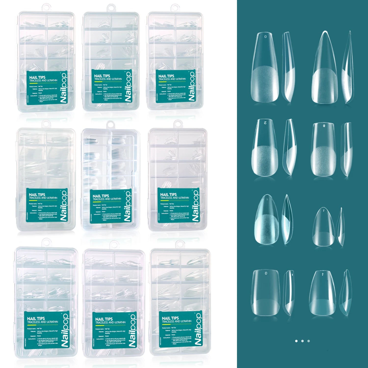Nailpop False Nails Clear 12 Sizes Acrylic Full Cover Tips Reusable Qme