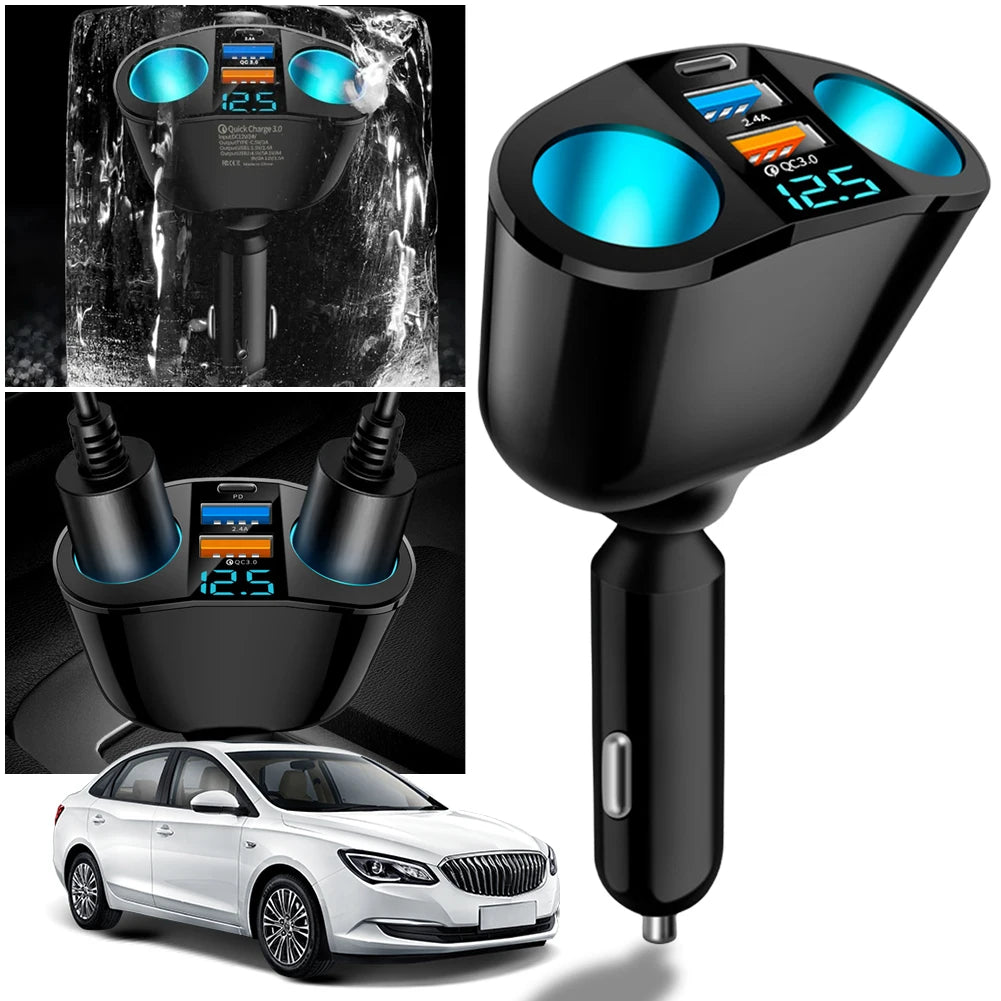 Car Cigarette Lighter Socket Splitter PD QC3.0 12V-24V Auto Cigarette Lighter Adapter Blue Atmosphere Light for Mobile Phone DVR Qme