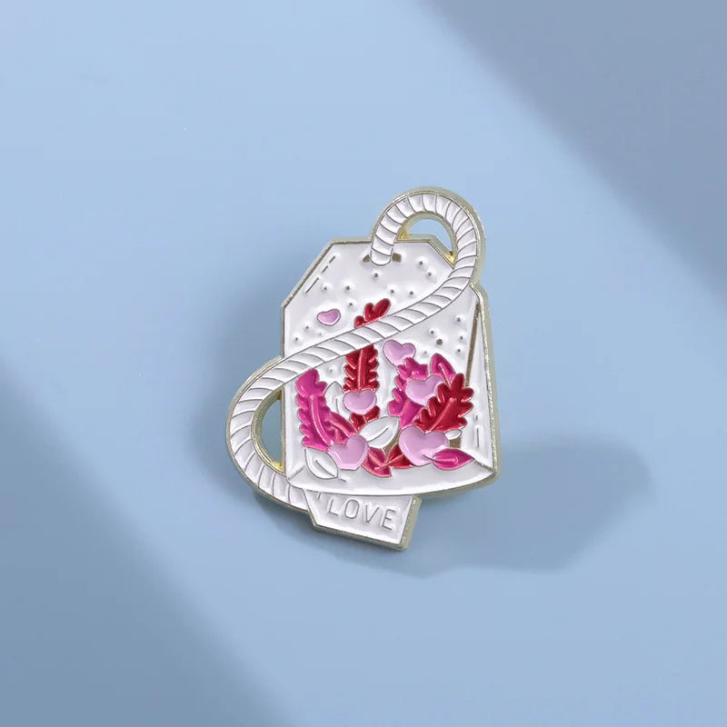 Cartoon Box Enamel Pin Creative Pink Leaf Heart Design Brooches For Shirt Hat Lapel Metal Badges Jewelry Gift Wholesale Qme