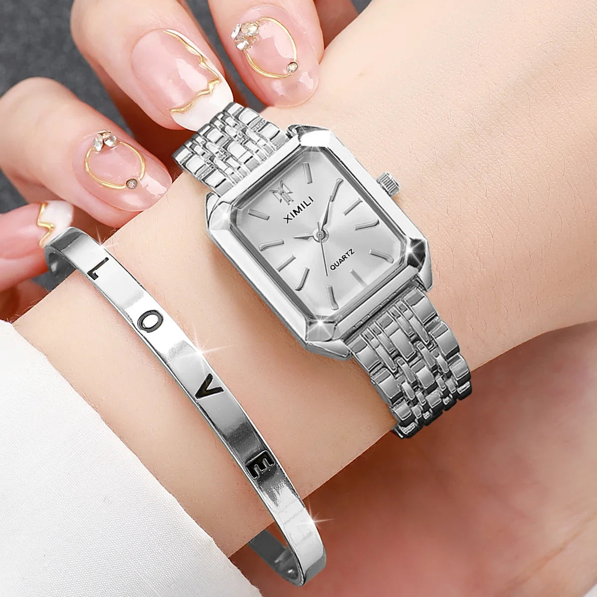 2 Pcs Fashion Women's Watch Bracelet Set Luxury Gold Steel Band Ladies Watches Quartz Watch Mujer Girls Watch Gift Qme 5