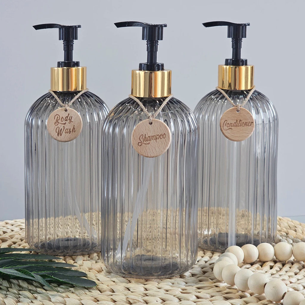 3PCS Elegant Shampoo Conditioner and Body Wash Dispenser Bottle with tags, Ideal for Bathroom Shower Plastic Refillable Bottle Qme