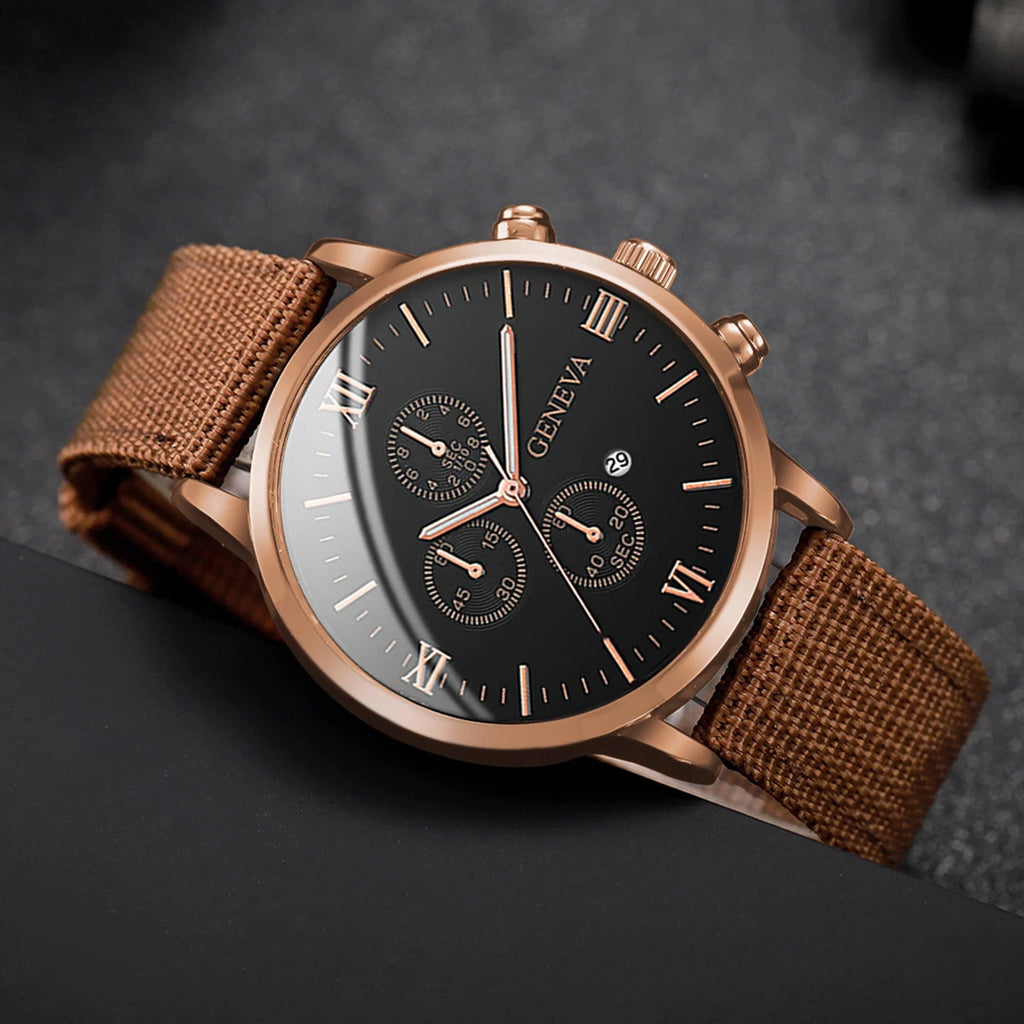 5 Pçs/set Calendário Masculino Relógio Casual Nylon Banda Relógio de Quartzo Conjunto de Pulseiras de Couro Vintage (Sem Caixa) Qme